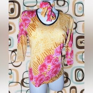 Elegant Floral Long Sleeve Top - Pink and Gold